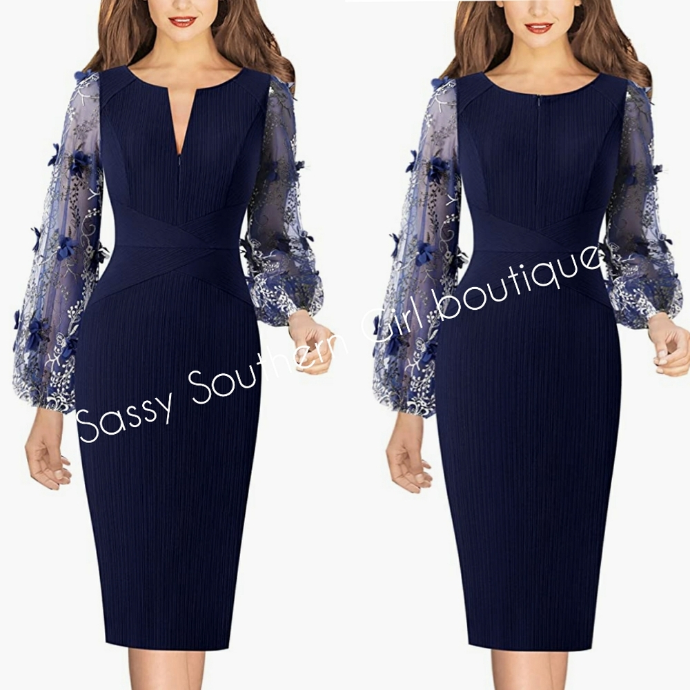 🆕⭐ Navy blue 3D floral mesh sleeve midi dress